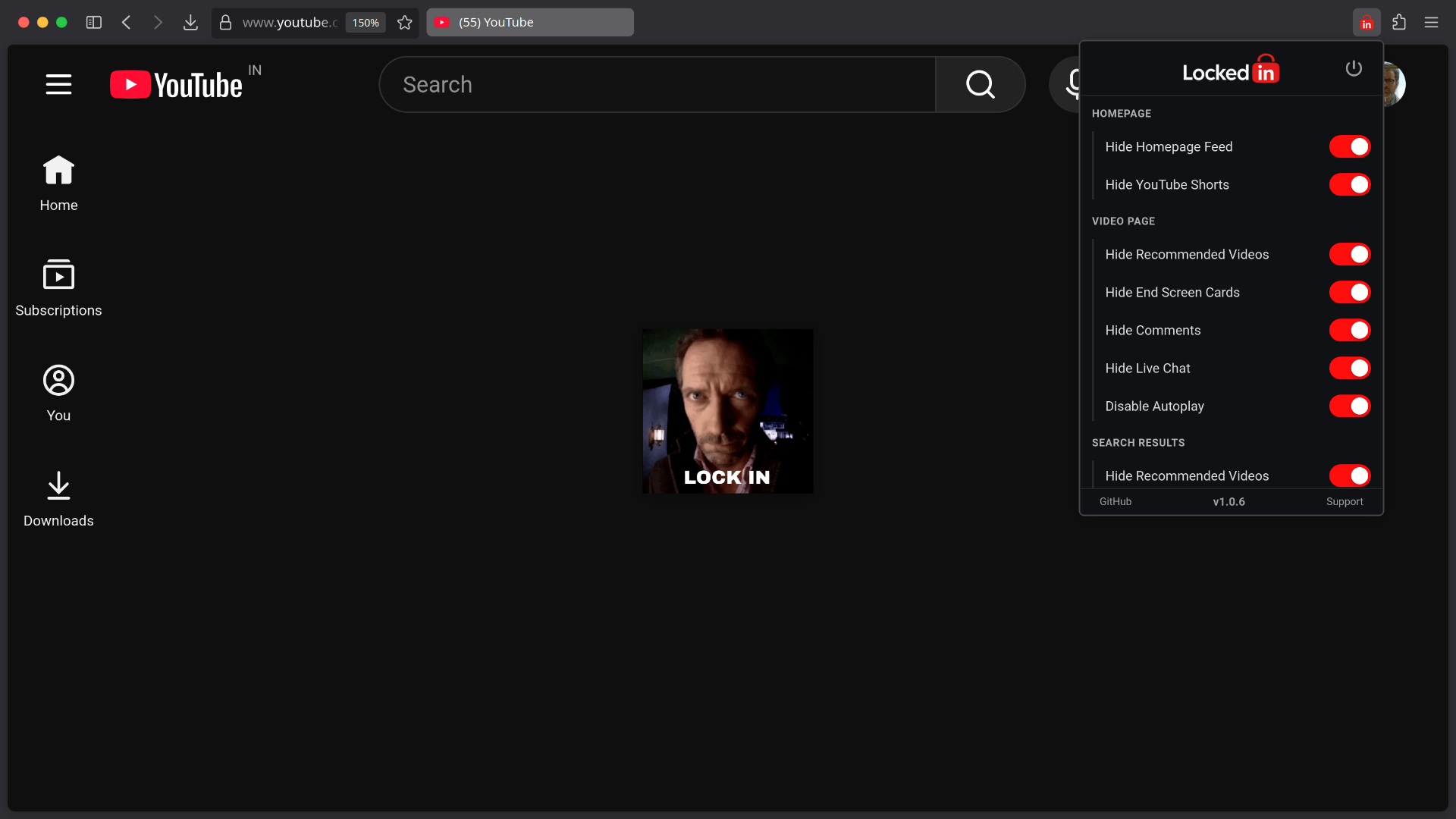 YouTube Homepage with LockedIn